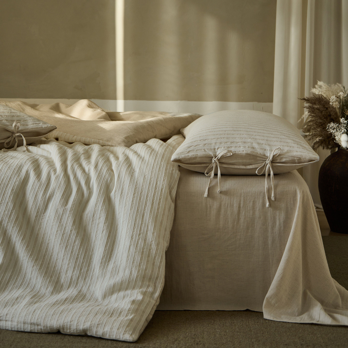 月光巴士侘寂风色织亚麻提花水洗棉床上三四件套1.8m棉麻被套床单