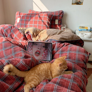 月光巴士复古红格秋冬加厚1.8米牛奶绒床上3四件套双面绒被套床笠