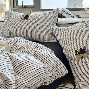 月光巴士文艺黑白条纹提花双层纱3四件套水洗棉床单全棉被套1.8米
