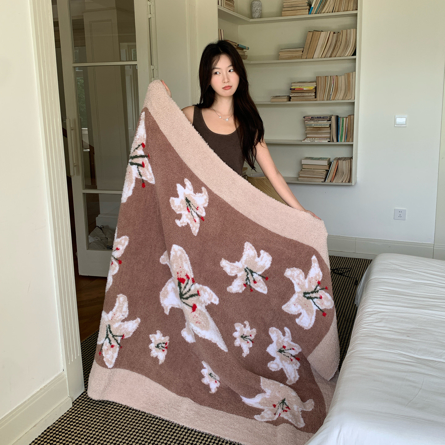 月光巴士莫奈花园秋冬毛毯针织半边绒午睡盖毯沙发毯子旅行车用毯
