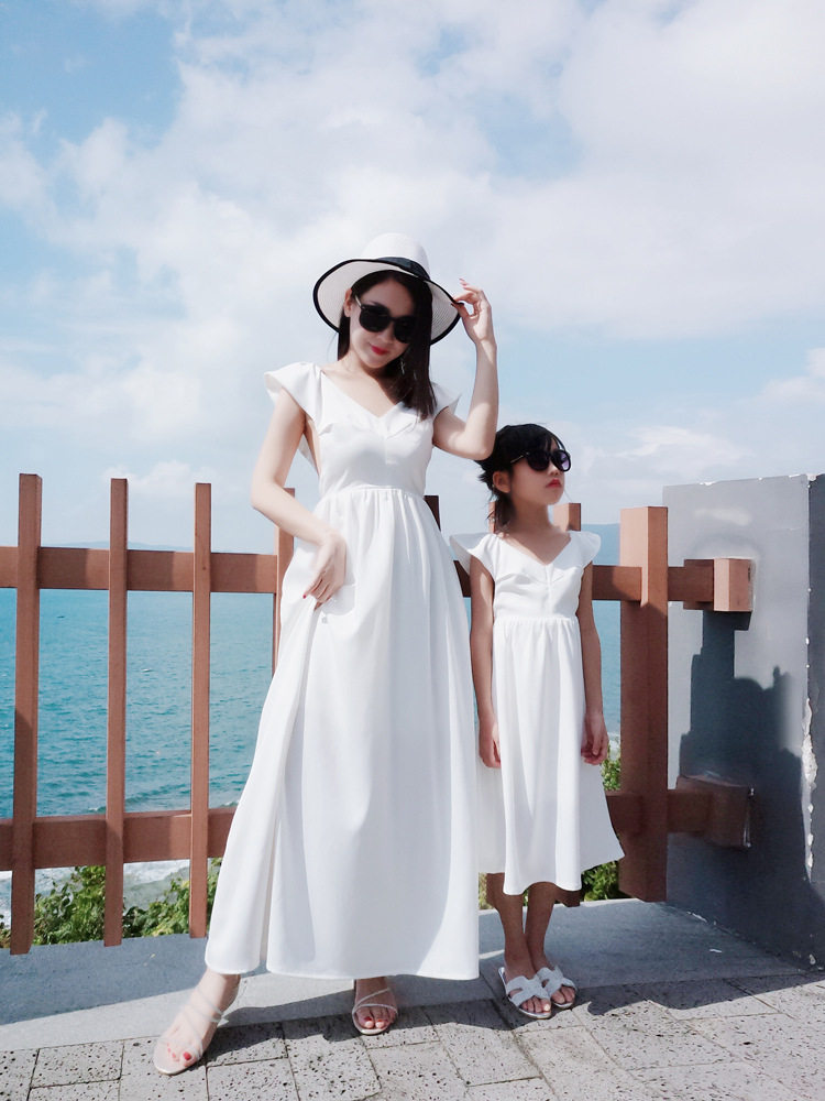 夏季白色露背长裙亲子装Y2女孩母女装海边度假连衣裙飞飞袖沙滩裙