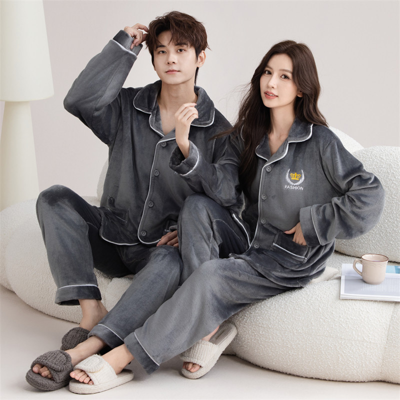 珊瑚绒睡衣冬季情侣法兰绒男女士外穿开衫加绒加厚保暖家居服套装