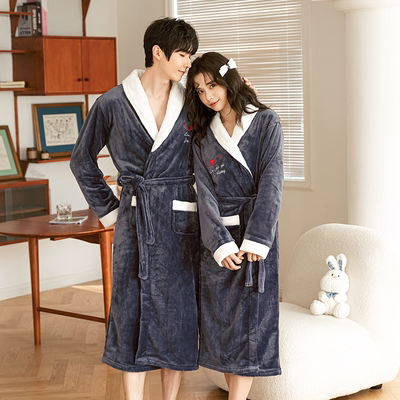 法兰绒男士睡袍女士情侣睡衣秋冬季珊瑚绒浴袍式加厚保暖长款居家