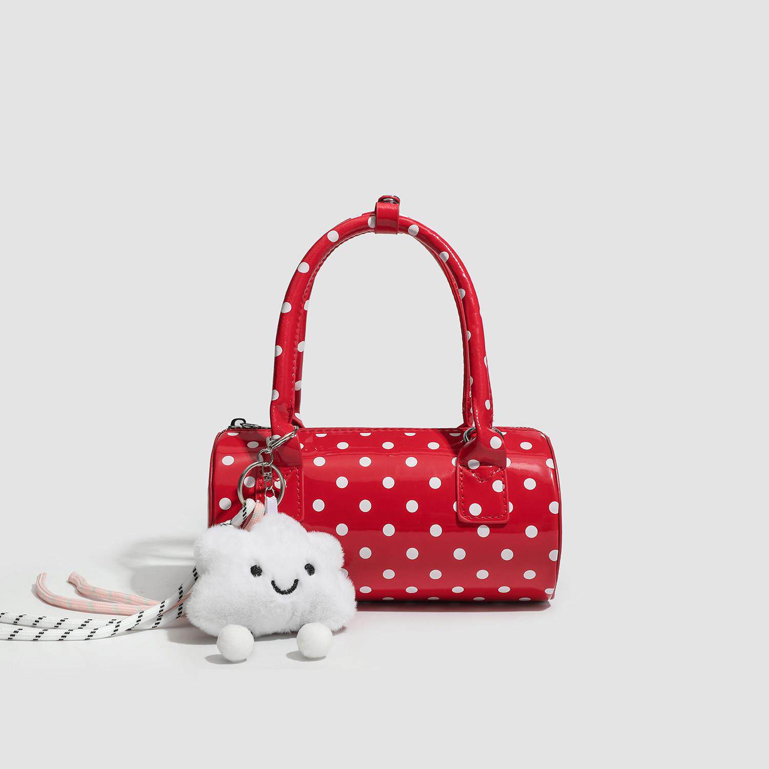 【全球购】韩系学院风波点红色pu包包小众保龄球包漆皮手提单肩包