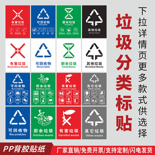 上海新款国标垃圾分类标识贴纸有害垃圾可回收物厨余垃圾干垃圾湿垃圾分类提示牌垃圾桶放置处车间地面6s定位