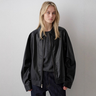宽松显瘦插肩袖 LOW 新款 小众设计皮衣外套女春秋季 夹克上衣 韩版