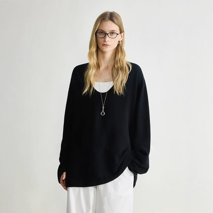 TH～ROW 可水洗羊毛極简ROW蜂窝肌理卷边深U领针织衫女显瘦半裙子