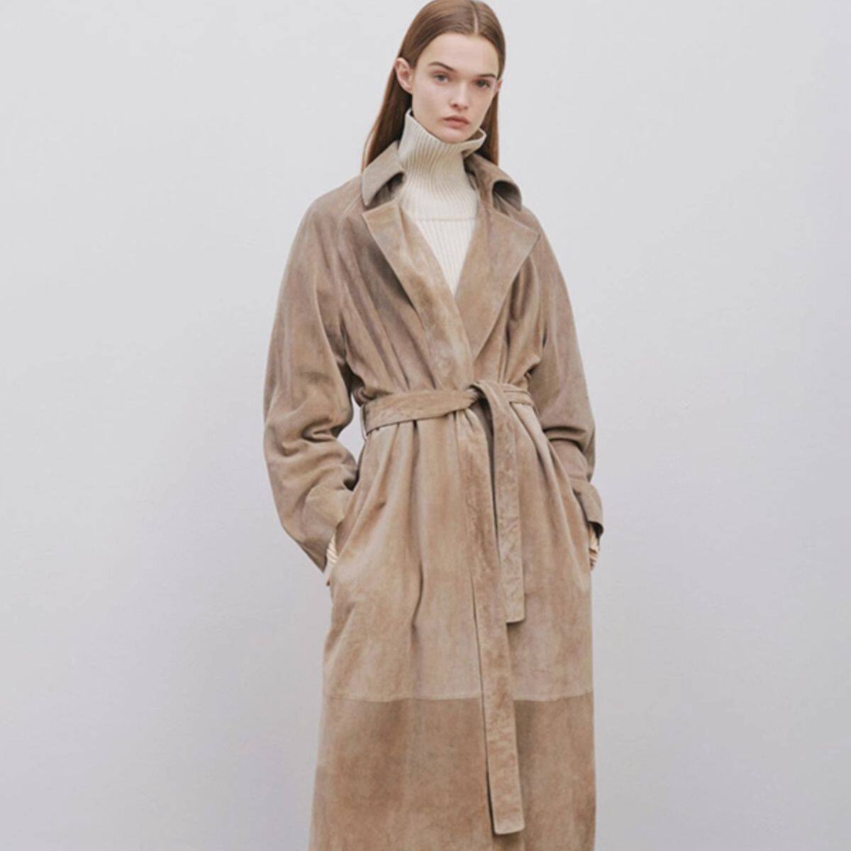 th~ row 女装2025秋冬季新款系带宽松灰褐色皮衣大衣束腰高级外套