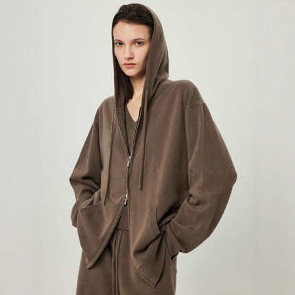 TH～ROW极细轻柔美利奴羊毛极简松弛拉链卫衣针织三件套帽衫