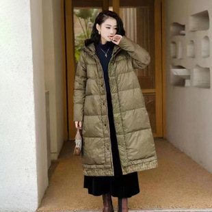 羽绒服女宽松大码 中长款 格子过膝加厚连帽白鸭绒外套 新款 2024冬季