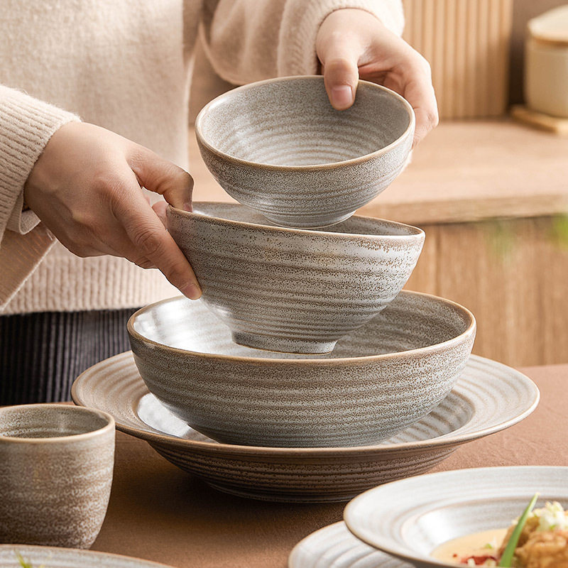 茶色螺纹碗碟餐具套装碗家用创意高颜值陶瓷碗具乔迁新居餐盘碟子,餐饮具,盘,淘宝优惠券,粉丝福利购,淘宝优惠卷