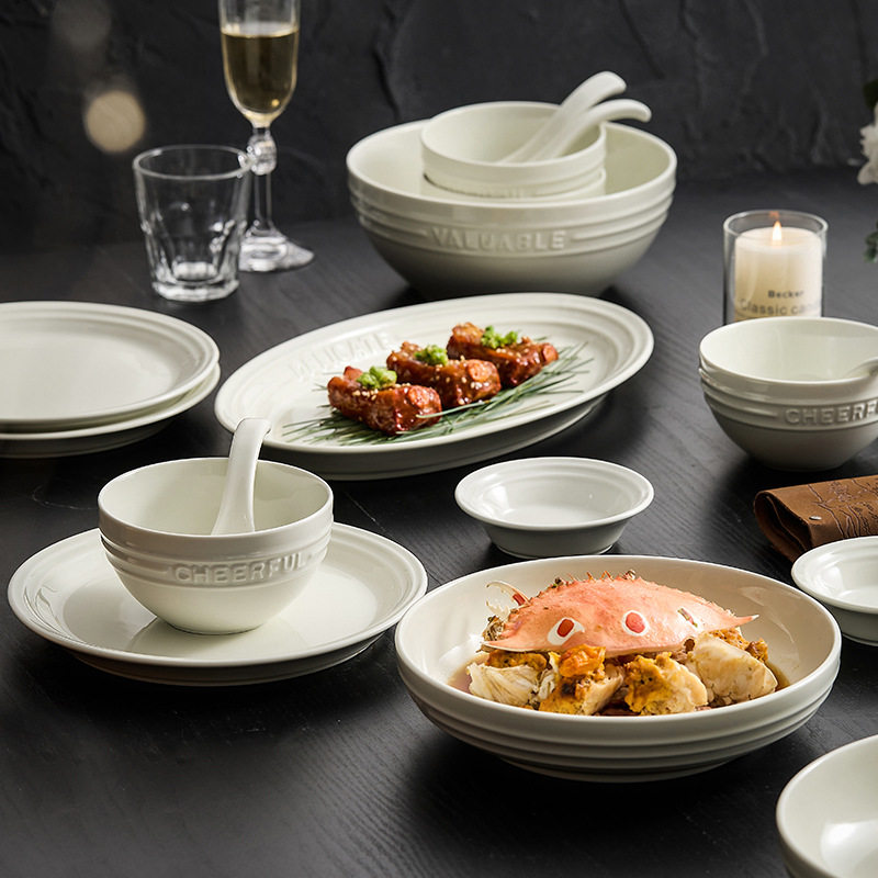 松露白陶瓷餐具盘子鱼盘家用米饭碗单个汤碗简约高级感碗碟套装组,餐饮具,泡面碗,淘宝优惠券,粉丝福利购,淘宝优惠卷