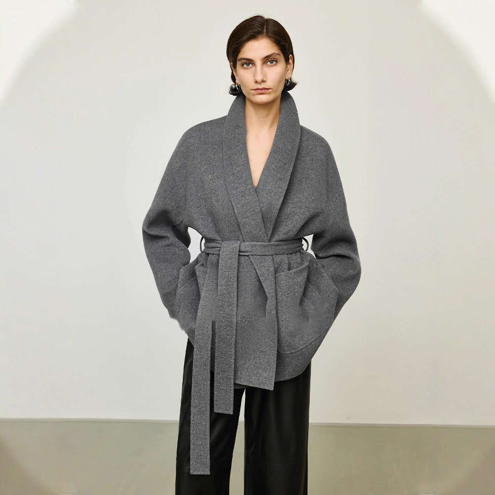 TH～ROW小众极简风羊绒羊毛手工双面呢系带浴袍大衣大女主外套