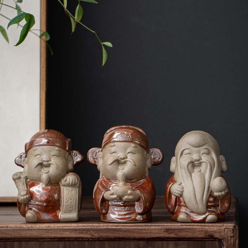宇轩手工粗陶茶宠小福禄寿