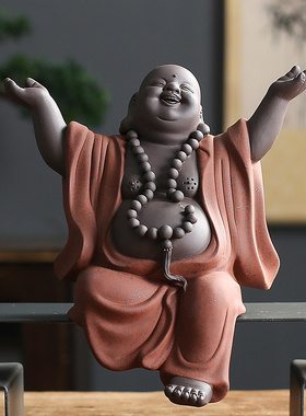 宇轩 紫砂茶宠手工大号披巾达摩悟禅弥勒茶艺工艺品家居茶艺摆件