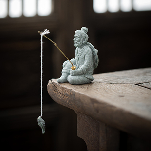 青沙石茶宠摆件创意复古姜太公钓鱼家居装饰鱼缸造景渔翁香插摆件