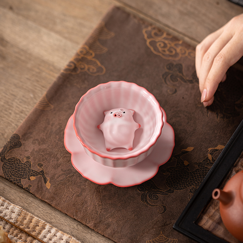 猪油冻躺平猪汝窑茶杯主人杯陶瓷品茗杯个人专用喝茶功夫茶具套装