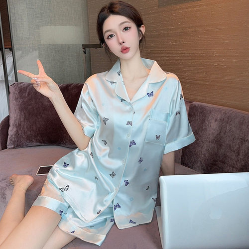 新款2025夏季清新高级翻领短袖仿真丝睡衣女蝴蝶印花可外穿家居服