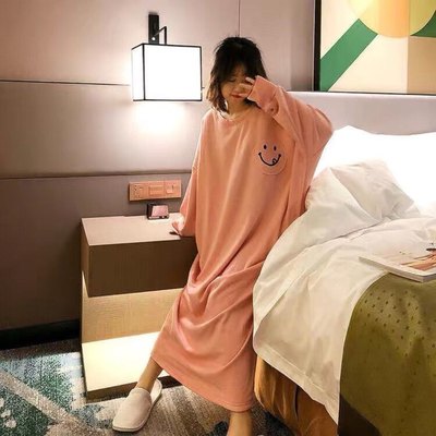 冬季睡裙长袖大码加厚纯棉加绒抓毛保暖甜美卡通中长公主裙200斤