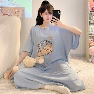 特大码 睡裙甜美卡通加肥250斤胖mm家居服 睡衣女夏季 宽松棉质短袖