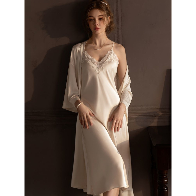 加长款性感睡衣女春秋蕾丝冰丝吊带睡裙纯欲两件套家居服2025新款