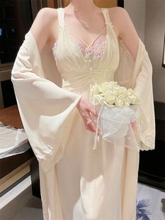 纯欲风睡裙女2023年春季 泳衣两件套冰丝带胸垫吊带长裙睡袍家居服