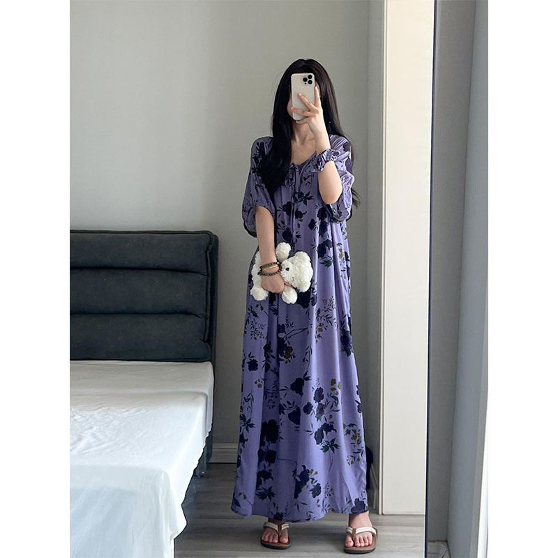 大码300斤法式高级感紫色碎花睡裙女春秋新款休闲家居服连衣裙子
