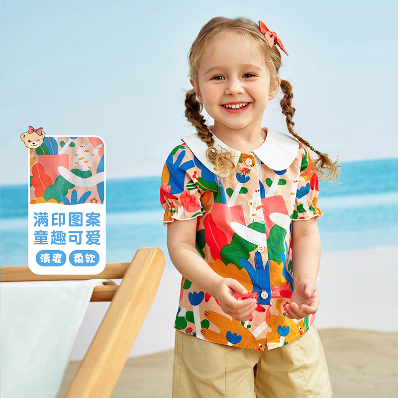 女宝宝纯棉印花衬衫2024翻领翻领