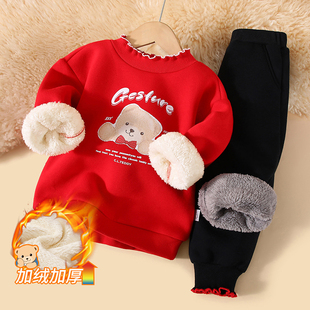 精典泰迪儿童套装加绒加厚冬季婴幼套装女童加绒卫衣裤子套装保暖