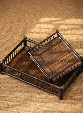 紫竹茶盘长方形茶托盘茶杯架竹干泡台日式复古功夫茶具收纳盘大号