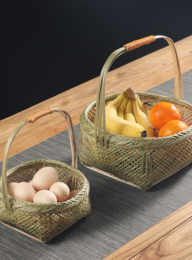 手工竹编青丝手提篮采摘竹篮子家用水果篮零食收纳筐鸡蛋筐竹制品