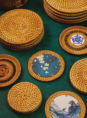 藤编日式餐桌手工编织杯垫隔热碗茶壶垫茶道配件盘子防滑烫耐磨