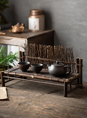 紫竹小篱笆屏风 竹制刺身摆盘餐桌茶桌茶台装饰摆件 功夫茶具杯架