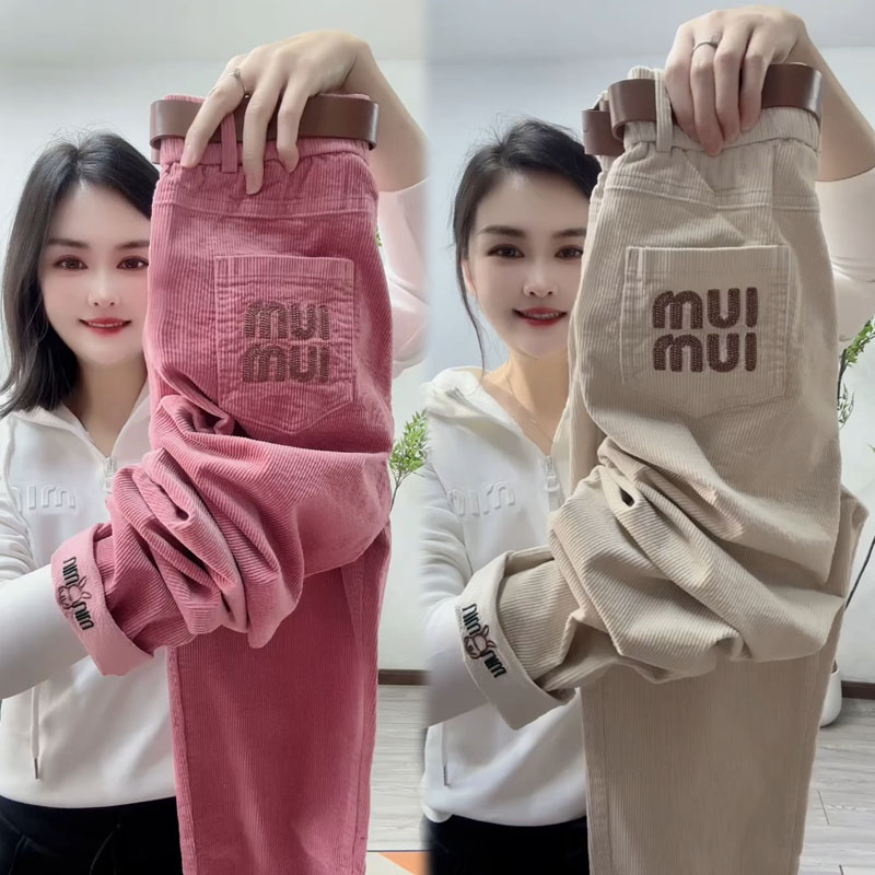 春季新款雪尼尔休闲裤女高腰百搭显瘦老爹裤时尚刺绣灯芯绒小脚裤