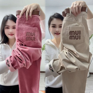 新款 刺绣灯芯绒小脚裤 雪尼尔休闲裤 时尚 女高腰百搭显瘦老爹裤 春季