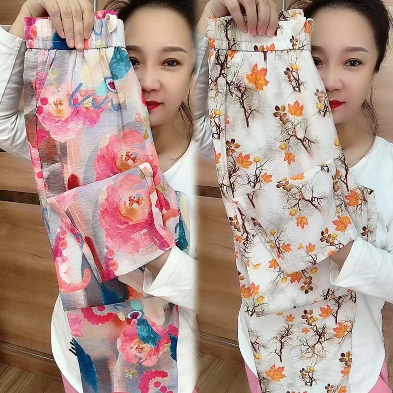 2023夏季新款彩色棉麻休闲裤女宽松显瘦百搭九分裤高腰薄款哈伦裤