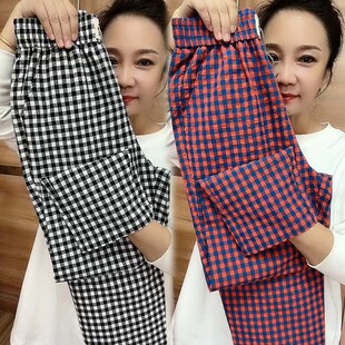 欧货2023夏季薄款休闲格子女裤高腰直筒哈伦裤宽松显瘦百搭九分裤