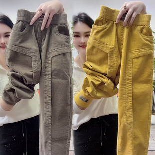显瘦百搭松紧腰洋气收脚裤 春季 女宽松束脚休闲裤 灯芯绒哈伦裤 新款