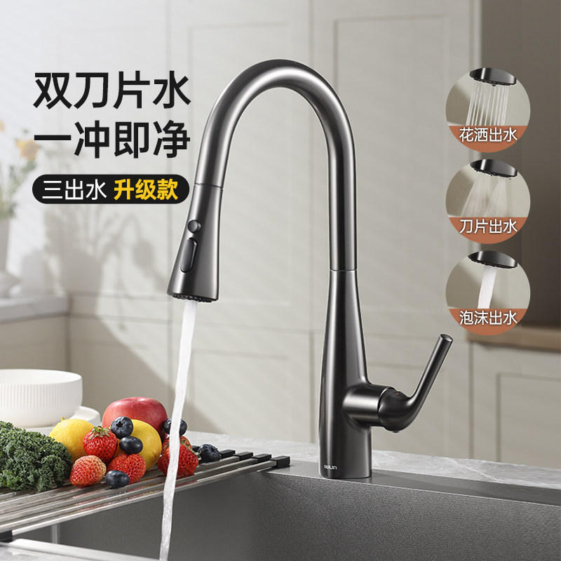 【新品】欧琳抽拉龙头厨房水槽龙头冷热洗菜盆防溅旋转增压水龙头