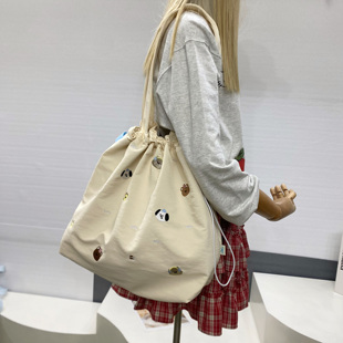 波吉超轻便托特包运动夏天可爱刺绣帆布袋女大容量抽绳包2026新款