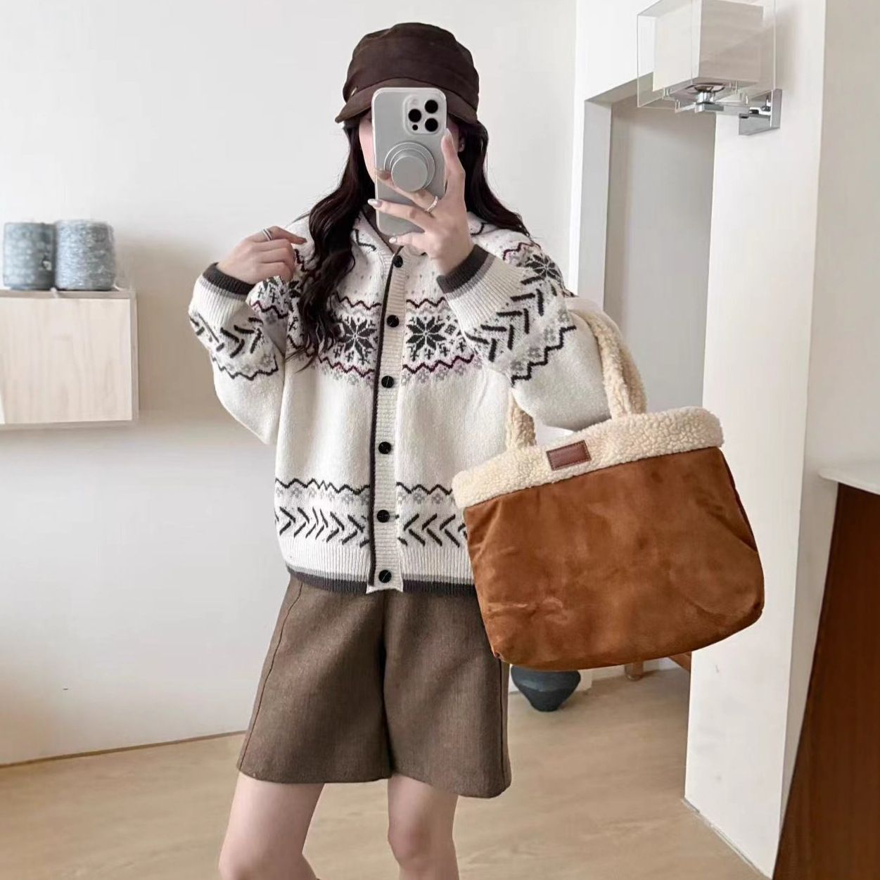 秋冬韩系复古文艺费尔岛连帽针织开衫女提花宽松慵懒毛衣外套上衣