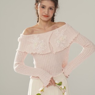 脸儿艺 手工钉珠闪闪 水粉 浅紫 奶白 一字肩大翻领 修身短款毛衣