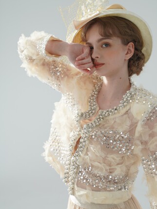 Face Art Three-Dimensional Flowers Handmade Beading Sparkling Cardigan Short Jacket