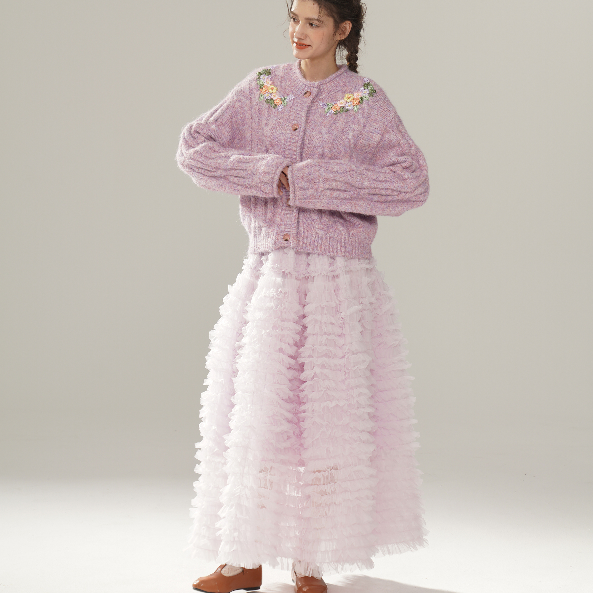 脸儿艺 淡雅浅紫色 立体棒针 手工绣花 保暖开衫外套毛衣