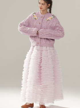 脸儿艺 淡雅浅紫色 立体棒针 手工绣花 保暖开衫外套毛衣