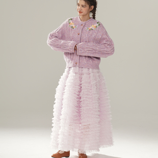 保暖开衫 脸儿艺 手工绣花 立体棒针 外套毛衣 淡雅浅紫色