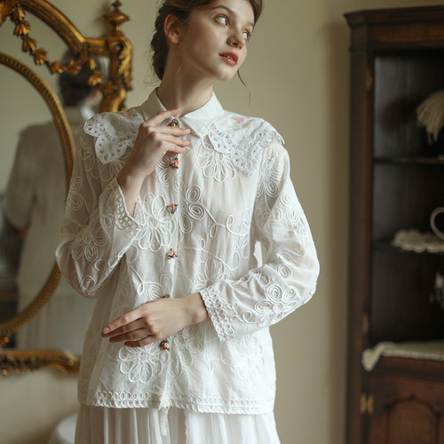 长袖棉衬衫脸儿艺手工钉花法式