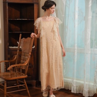 脸儿艺 手工制作vintage感钉珠闪闪鳞片 杏色 法式吊带长连衣裙