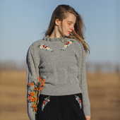 木耳领 手工绣花 打底 针织 套头毛衣 脸儿艺 软糯羊毛 复古灰