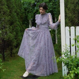 宫廷大摆 超长连衣裙 脸儿艺 精美印碎花 灰 粉 长袖 木耳领 高腰